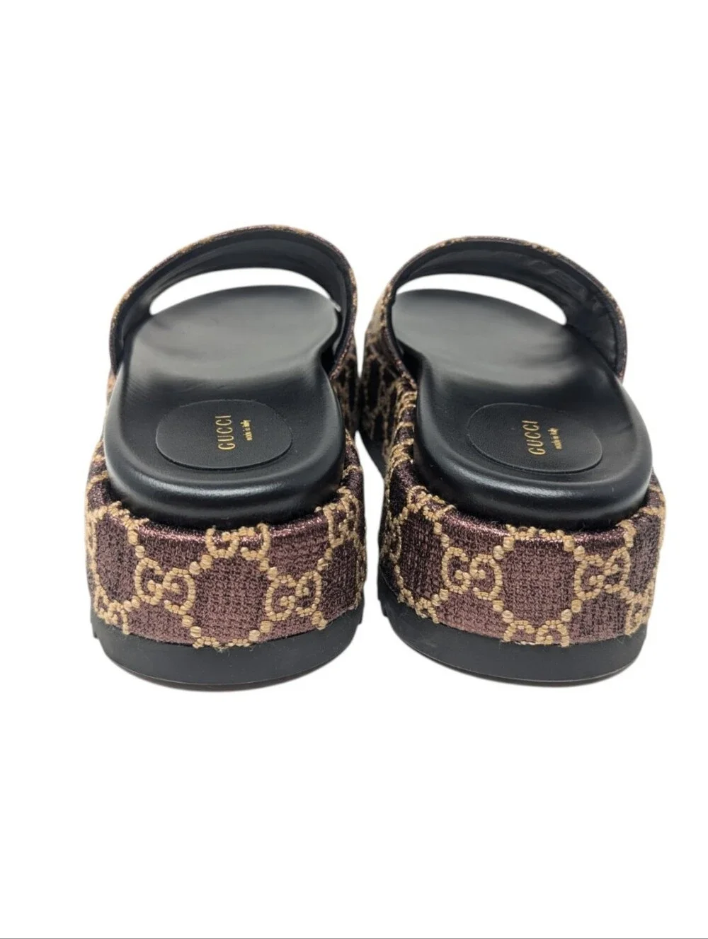 Gucci Brown Monogram Lame Angelina Platform Slide Sandals Size EU 39